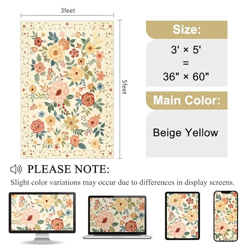 Tapis lavable floral jaune et beige DUKINO 91x152 cm - 3