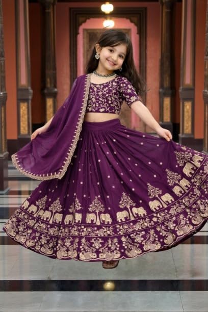Image of Kids Chiffon Lehenga Choli, Embroidered Elephant and Floral Print, Festive Ethnic Wear with Dupatta