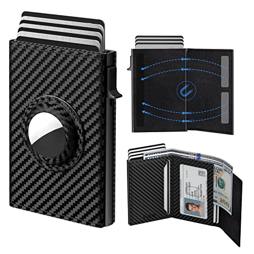 Mens Wallet Card Holder for AirTag: Leather Smart Wallet for Men Compatible with Apple Air Tag, RFID Blocking, Slim, Carbon Fiber, Minimalist - 9-14 Card Capacity | ID Window | Cash Slot (Brown)