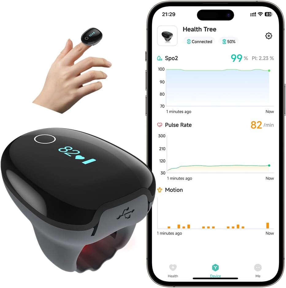 Pulse Oximeter O2 Ring Oxygen Monitor Blood Oxygen Saturation Continuous Recording of SpO2&PR Rechargeable Pulse Ox Continuous Pulse oximeter with Bundle APP Provides Report