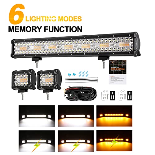 Auxbeam 20 Inch 420W Led Strobe Light Bar, 2Pcs 120W 4inch Strobe Light Pod Spot Flood Combo Amber White Off-road Light Warning Light Emergency Light 10FT Custom Wiring Harness Kit Memory Function