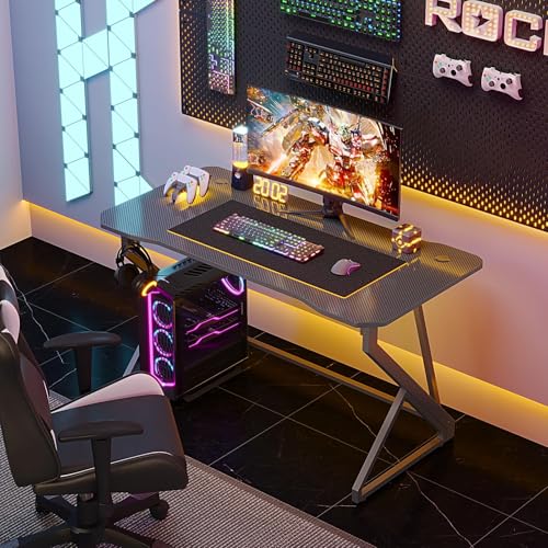 Image of Grandder Gaming Desk Z Shaped 47 Inch Gamer Workstation, Home Computer Carbon Fiber Surface Gaming Desk PC Table with Headphone Hook, Carbon Fiber Grey