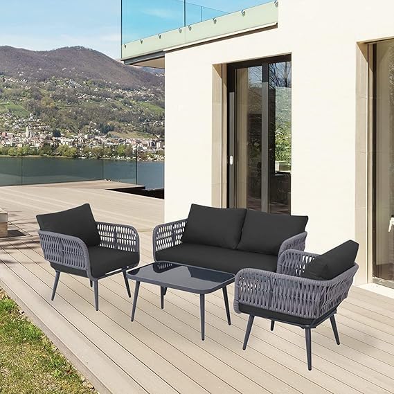 Flying Arrow 4-Piece Outdoor Indoor Rope Patio Furniture Set Conversation Garden Waterproof Weaving Rope Bistro Set for Balcony Lawn Garden Terrace (Black)-image-22