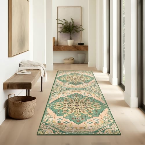 Ashler Runner Rugs 2x6, Ultra-Thin Boho Hallway Rug, Vintage Long Rugs for Entryway, Kitchen, Bedroom, Green/Beige Rug Home Decor, Moroccan Low-Pile Non-Slip & Machine Washable