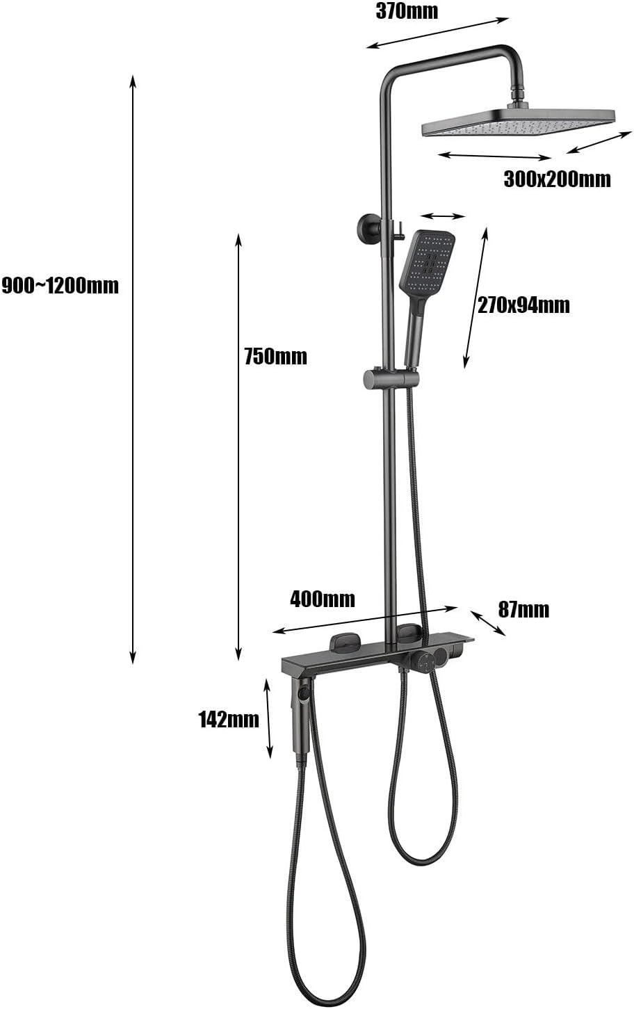 シャワーミキサーセット 4機能30x20cm角型シャワーシステム LEDデジタル表示 水力発電 磁気吸着スプレーガン 3モードハンド