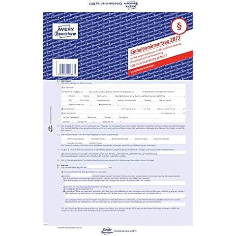 AVERY Zweckform 2873-5 Mietvertrag für Wohnungen und Häuser (Einheitsmietvertrag mit Übergabeprotokoll und Hausordnung, 5-seitiges Formular in A4, selbstdurchschreibend) 5 Stück, blau Cover