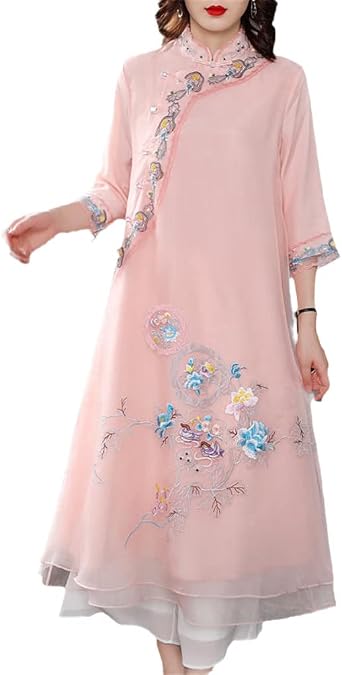 Suvoiier Chinese Cheongsam Improved Floral Dress Retro Embroidery National Women Qipao Dress Loose Vintage Dress