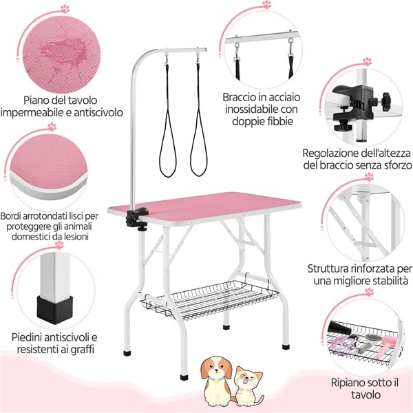 Yaheetech Tavolo da Toelettatura e Tosatura per Cani Gatti Animali Pieghevole con 2 Lacci Portata 100 kg Rosa 91 x 61 x 159 cm