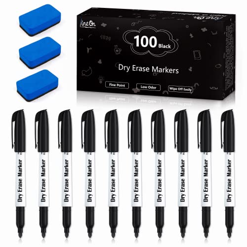 Lineon 100 Bulk Pack Black Whiteboard Markers with 3 Erasers, Fine Point Dry Erase Markers Perfect For Writing on Dry-Erase Boards, Glass for School Office Home by Lineon - Used condition - US$11.57