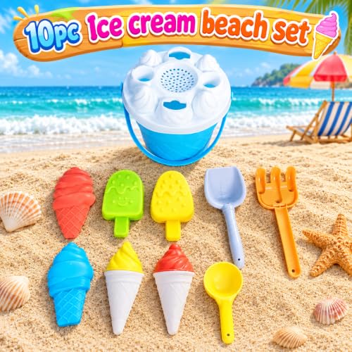 Image of WISHKEY Beach Toys for Kids 10 Pcs Ice Cream Beach Set, Sand Bucket & Molds with Shovel, Rake & Scoop, ABS Plastic Sand Toy Set for Boys & Girls, Beach, Sandbox & Outdoor Play, 18+ Months