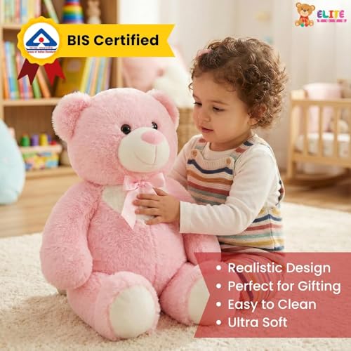 Image of ELITE CREATIONS Pink Teddy Bear Soft Toy 55 cm | Big Plush Teddy Bear with Bow | Cute Huggable Stuffed Bear for Kids Girls | Birthday Gift Soft Toy
