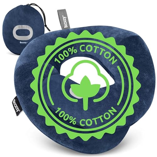 Image of BCOZZY Organic Cotton Double Support Neck Pillow for Travel - 3 Ergonomic Positions for Head, Neck, and Chin Comfort - Ideal for Sleeping Upright on Flights, Cars, and at Home - Large, Navy