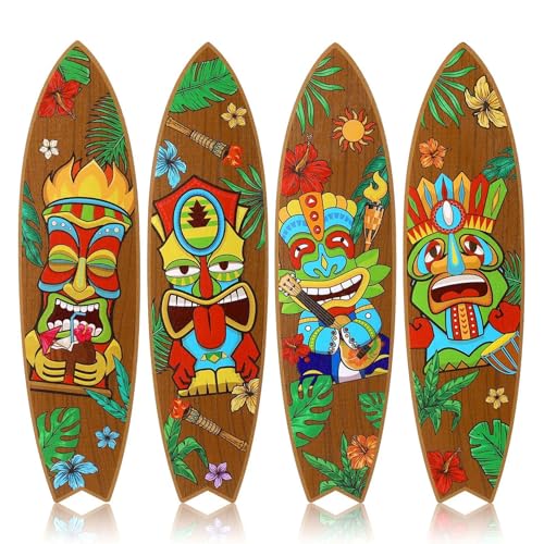 Tiki Bar Accessories - Hawaiian Party Decorations 4 PCS Summer Theme Surfboard Wall Decor Tropical Outdoor Beach Birthday Party Decorations Tiki Wood Totem Decorative Wall Hanging Sign