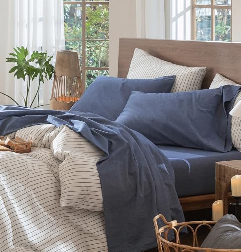 Image of MooMee Bedding Sheet Set 100% Washed Cotton Linen Like Textured Breathable Durable Soft Comfy (Heathered Blue, Twin)