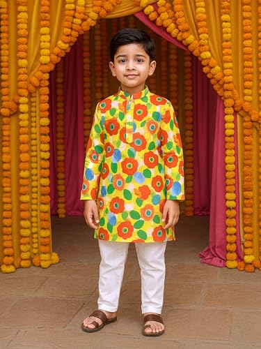 Image of KiddoPanti Boys 100% Cotton Ethnic Motif Printed Short Length Kurta