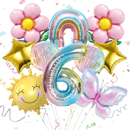 10 Stück 6 Jahre Luftballons Geburtstagsdeko Mit Schmetterling & Sonne, 6. Geburtstag Folienballon, Kindergeburtstag Deko Geschenke Für Jungen Und Mädchen Für Kinderparty & Geburtstagsfeier