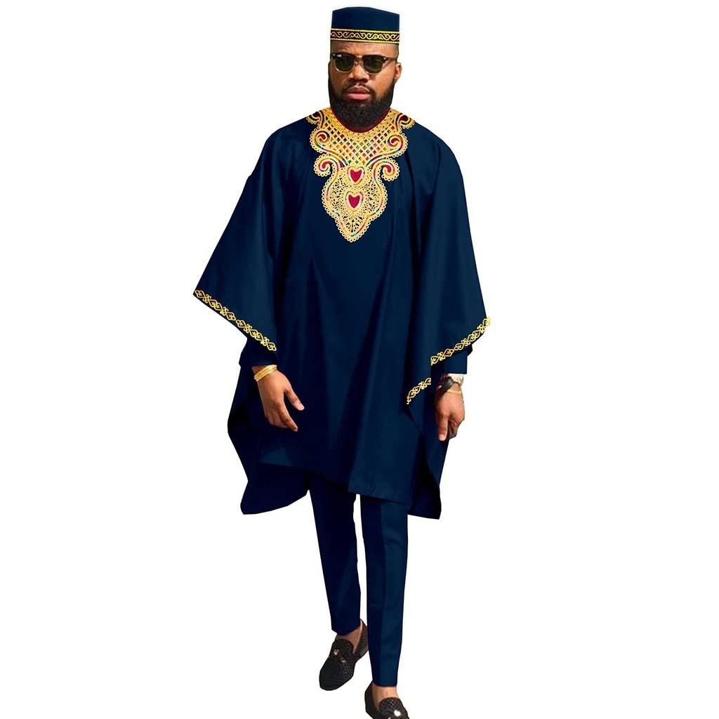 4 Piece Men Luxury African Traditional Clothing Set Embroidery Loose Robe Shirts Pants Hats Tribal Dashiki Kaftan Outfit (Color : H, Size : Large)