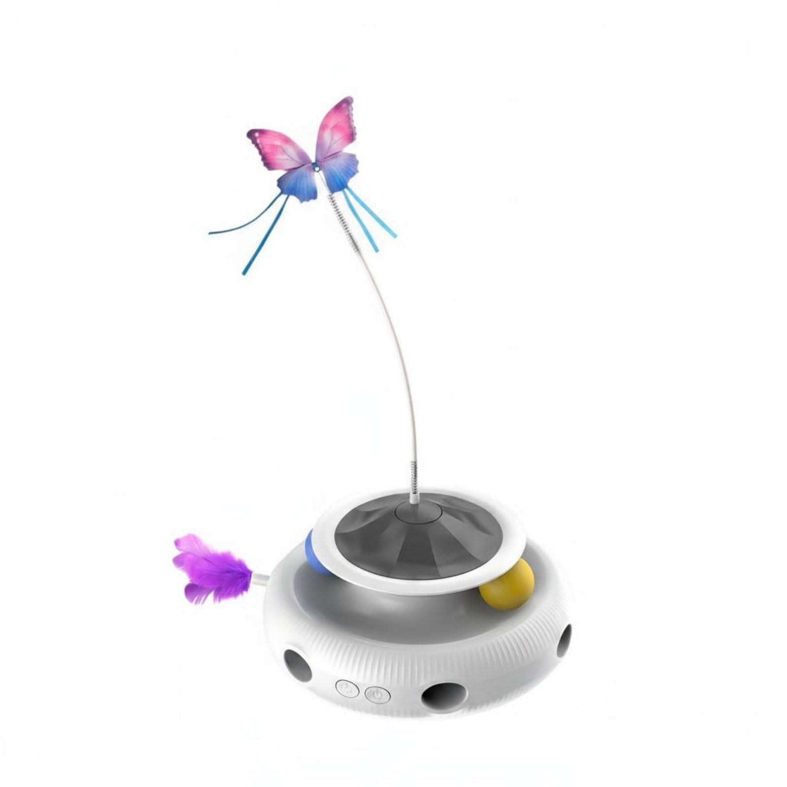 Giocattolo Interattivo per Gatti Farfalla Rotante Gioco Elettrico con Piume Asta a Molla Pista con Palline Sensore Integrato Ricarica Usb Materiale