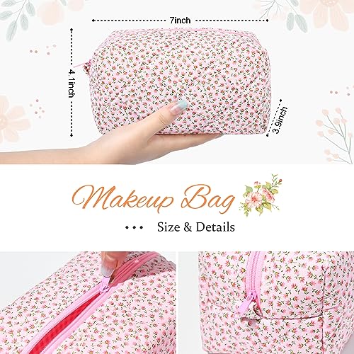 Quilted Makeup Bag Floral Cosmetic Bag Puffy Coquette Makeup pouch Aesthetic Cute Pink Travel Toiletry Bag Organizer cotton Makeup Brushes Storage Bag for Women3