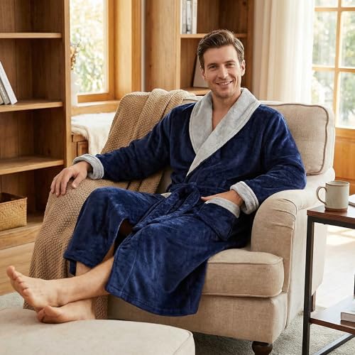 Image of U2SKIIN Mens Fleece Robe Plush Collar Shawl Bathrobe