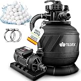 tillvex Depuradora de Agua para Piscina con temporizador 7.900L/h + 400g Bolas de Filtro | 7 Funciones de Filtrado & Adaptador Ø32-38mm | Filtro de piscina con indicador de presión (AquaBlack Pro)