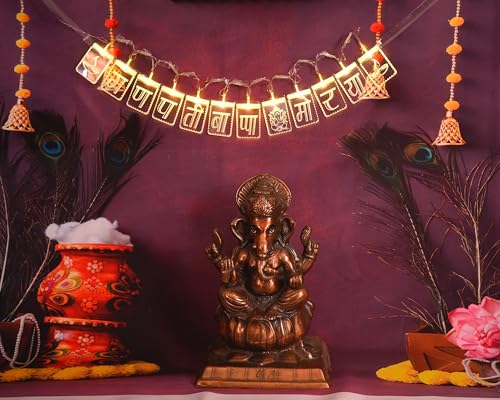 Image of ZALAR Magic Text Light GANPATI Bappa MORYA, LED String Lights, Peacock Feathers and Hanging Bells, Traditional Festival Decoration,Diwali