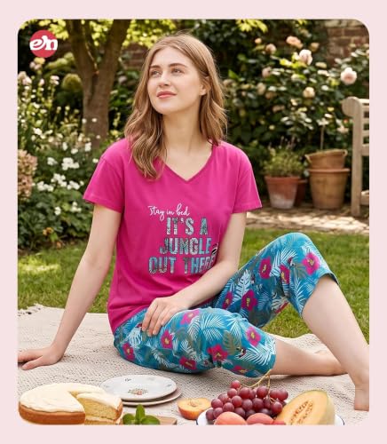 Image of ENJOYNIGHT Womens Pajama Sets Cotton Pj Set Short Sleeve Top With Capri Pants Sleepwear 2 Piece Lounge Set
