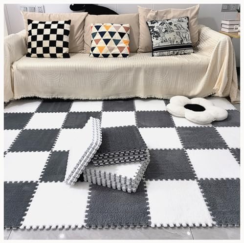 Soft Interlocking Foam Floor Mat - 100pcs 12x12x0.4 in Non-Slip Plush Tiles for Living Room, Bedroom & Playroom Decor - Thick Fluffy Gray & White Area Rug