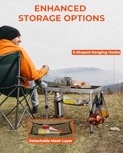 Miniatura 8 de Sportneer Mesa De Camping De Altura Ajustable Con Capa De Malla, Mesas De Campamento Plegables Portátiles De 60x40cm Para Campamento Al Aire Libre, Picnic, Playa, 2 Alturas, Negro