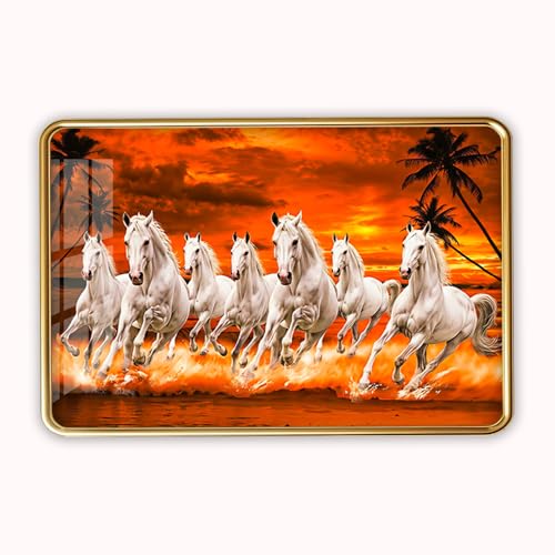 Image of 7 Running Horses Photo Frame, Ultra High Gloss Lamination, Vastu Painting for Living Room, Office, 12x18 Inch (Design 19)