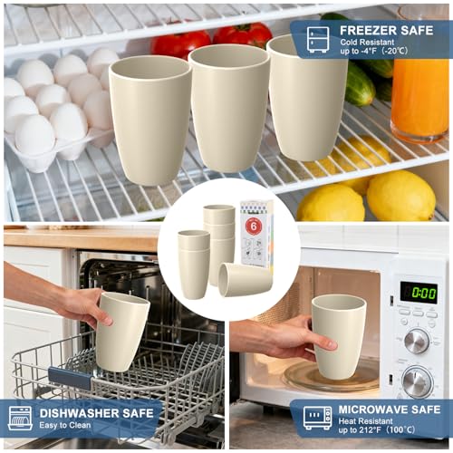 Image of Wheat Straw Reusable Cups, 20 OZ Large Unbreakable Cups Set of 6 | Plastic Drinking Glasses for Latte & Cold Brew - Dishwasher Safe Cups for Breakfast