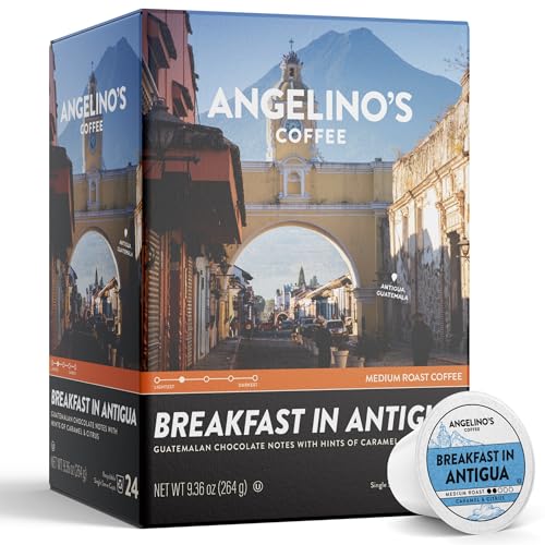 Image of Angelino's Coffee Breakfast in Antigua Coffee Pods, 24 Count - Medium Roast Shade-Grown Guatemalan Blend, K Cup Compatible for Keurig - Notes of Chocolate, Caramel & Citrus