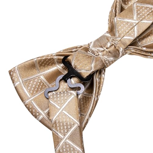 Image of Hi-Tie Champagne Bow Ties for Men Plaid Dots Handkerchief with Cufflinks Mens Bowtie Sets for Wedding Formal Party