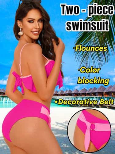 Ruffle V-Wire Bikini Set, Color Block Self-Tie Flowy, Mid Rise Full Coverage Bottom 2 Piece Swimsuit for Women2