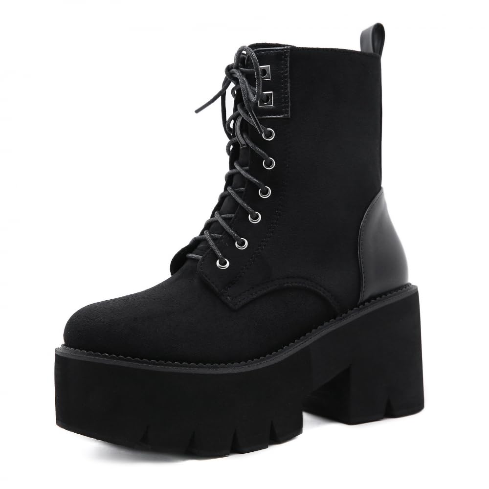 PROMI High Heels Hohe Absätze Dicker Boden Schnürstiefel Seite Reißverschluss Schuhe