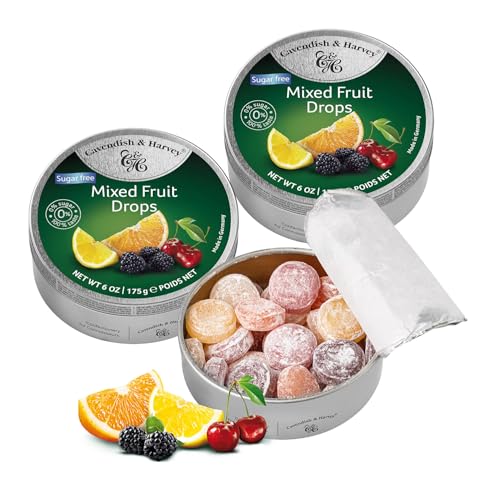 Pack of 3 Cavendish & Harvey Sugar-Free Mixed Fruit Drops in Tin Premium Travel Sweets made with Real Fruit Juice Vegan Friendly Confectionery Hard-Boiled Candies Each H4 x 9.7cm Diameter 175g
