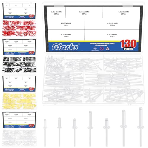 Glarks 130pcs 7 tailles Rivets aveugles en aluminium blanc, Rivet Pop Mandrin en acier à poignée en aluminium, Kit d'assortiment de rivets Pop, Grands rivets à bride pour le métal, Meubles, Automobile