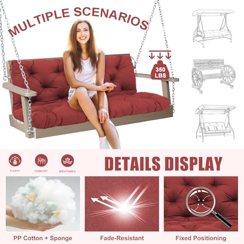 Image of Porch Swing Cushions Outdoor 48 inch x 40 Waterproof Swing Cushions 3 Seater Replacement with Backrest & 8 Ties 5 inch Thick Bench Swing Cushions for Outdoor Furniture Patio(Wine red)
