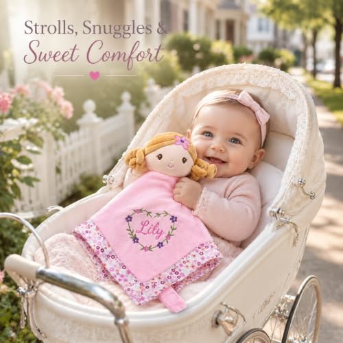 Image of June Garden Personalized Baby Girl Lovey Blanket Lily - 15 inch x 15 inch Plush Comforter with Rattle Doll Head, Custom Name Embroidery Security Blanket with Toy Attachment Strap
