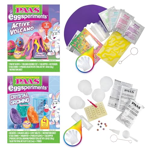 PAAS Easter Egg Decorating Bundle, Includes 1 Active Volcano Eggsperiment Kit, 1 Crystal Growing Eggsperiment Kit, Easter STEM kit, Food Safe Dye (2 Piece Bundle)