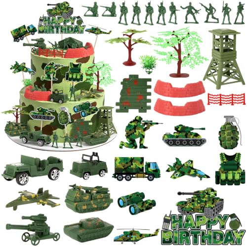 Hooqict 36Pcs Camo Cake Decorations Set with Mini Soldiers Vehicles Military Army Birthday Party Cake Toppers & Cupcake Toppers for Kids Boys Men Camouflage Birthday Party Decoration Supplies