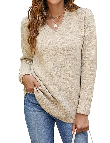 Bluetime Women Long Sleeve Cable Knit Soft Sweater Oversized Loose V Neck Pullover Tops Casual Plain Tunic Sweater (XL, Khaki)
