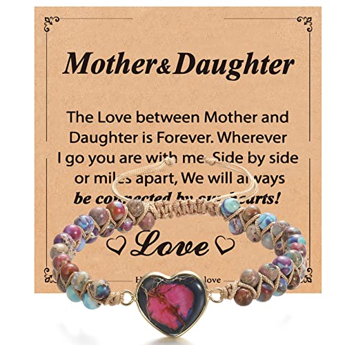 Image of Mothers Day Gifts for Mom,Mother Daughter Natural Stone Jasper Heart Bracelets Adjustable Double Winding Beading Handmade Braided Bracelet Mother's Day Gifts for Mom from Daughter Son Husband (Purple)
