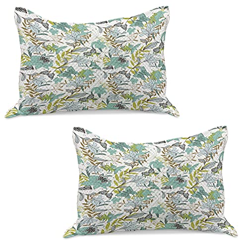 Ambesonne Floral Quilted Pillowcover Set of 2, Flying Birds Butterflies Floral Elements Art Wildflowers Nature, Standard Queen Size Pillow Sham for Bedroom, 30