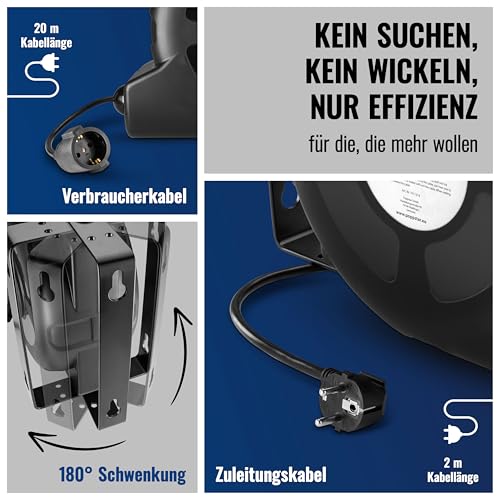 Poppstar Automatischer Kabelaufroller 20m + 2m (max. 3000W) Automatik-Kabeltrommel selbstaufrollend IP20 mit Wärmeschutzschalter