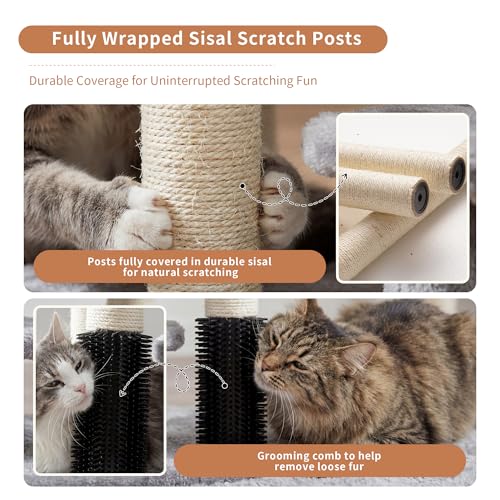 Image of Heybly Cat Scratching Post with Grooming Brush & Gentle Step, HSP001SW | Small Cat Tree with 4 Full Sisal Posts, Removable Plush Bed, Stable & Space-Saving Cat Furniture for Indoor Cats, Light Gray