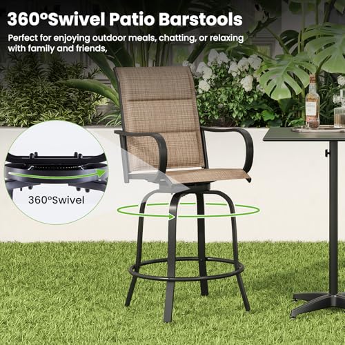 Image of Soohow Swivel Patio Bar Stools Set of 8, Textilene Padded Barstools Brown | 360 Swivel Tall Bar Height Chairs, Breathable Fabric, with Leveling Feet, Weather-resistant, for Balcony, Poolside, Yard