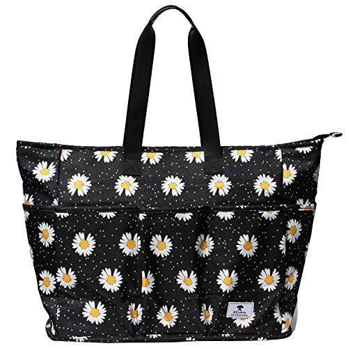 Women Ladies Weekender Bag Muti-pockets Overnight Carry-on Duffel Travel Gym Tote Luggage Duffle with Trolley Sleeve (White Daisy)