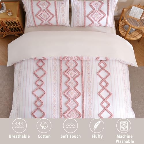 Image of Herside 100% Cotton Boho Duvet Cover Set King Size,Shabby Chic Aztec Western Pink Tufted Bedding,Farmhouse Luxury 3 Piece Textured Quilt Duvet Set for All Season Home Decor
