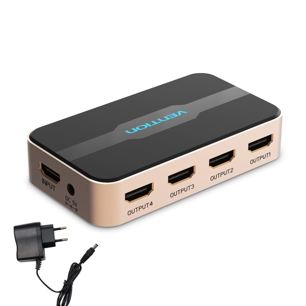 Sponsored Ad – HDMI Splitter 4K@30Hz 1 in 4 Out,Audio video HDMI Distributor for 4 Monitors,Simultaneous UHD,HDCP 1.4,3D,1080P Full HD,30M Transmission,DC Power Supply,HDMI Splitter for Gaming,TV, Projector